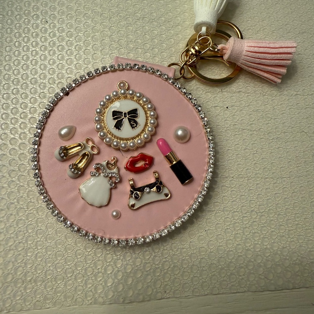 Pink Embellished Round Keychain and Double Mirror Combo